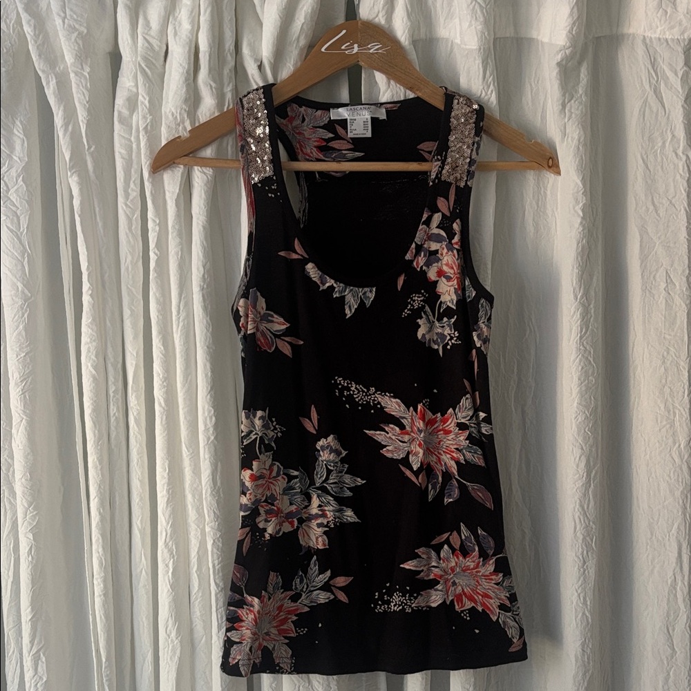 VENUS Black Floral Sequin-Accent Tank